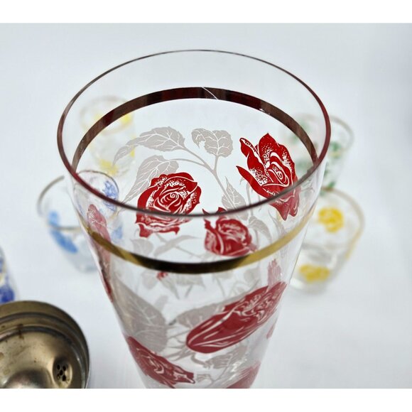 Hazel Atlas MCM Retro Rose-Pattern colorful Cocktail Shaker & Glass Set - Picture 4 of 10
